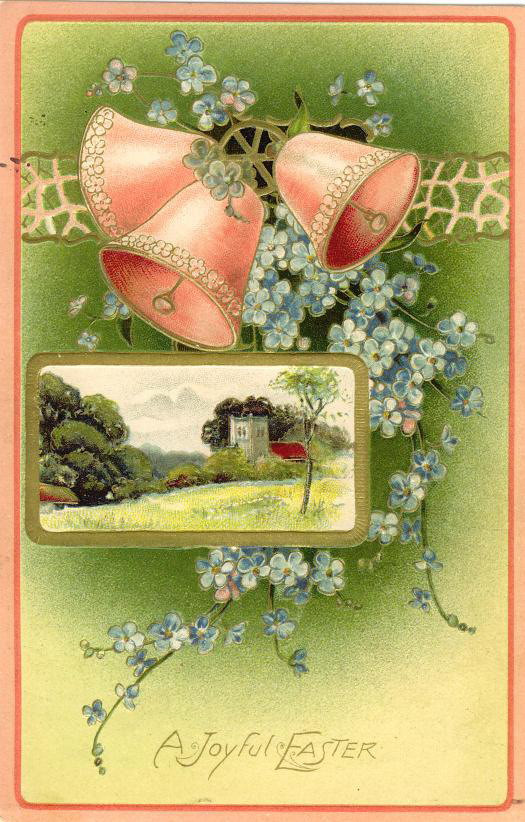 A Joyful Easter greeting postcard with pink bells — vintage postcard