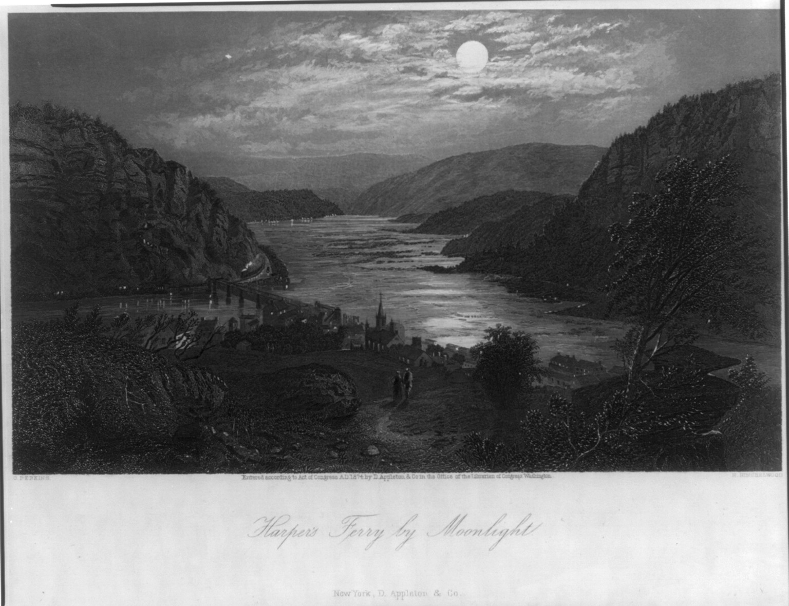 Harper's Ferry by moonlight / G. Perkins ; R. Hinshelwood., c1874. — antique engraving