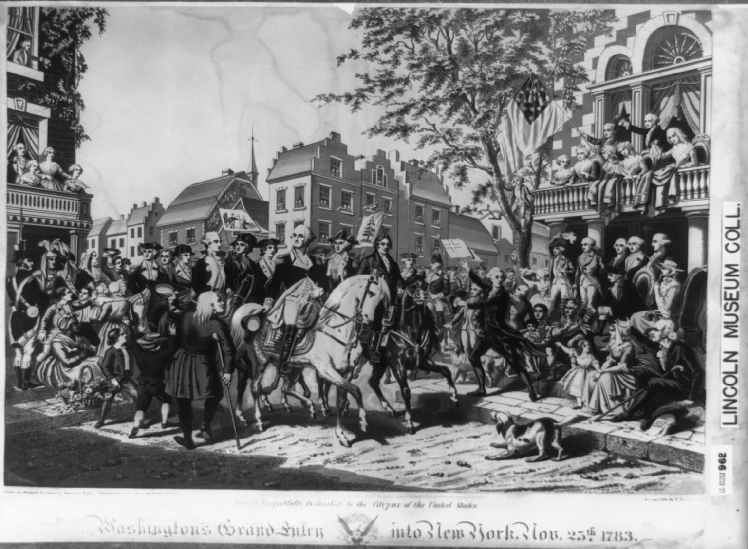 Washington's grand entry into New York. Nov. 25th, 1783 / from an original drawing by Alphonse Bigot; Chromo Lith by T. Sinclair, Phila., Philadelphia : John Smith, 1860. — antique lithograph