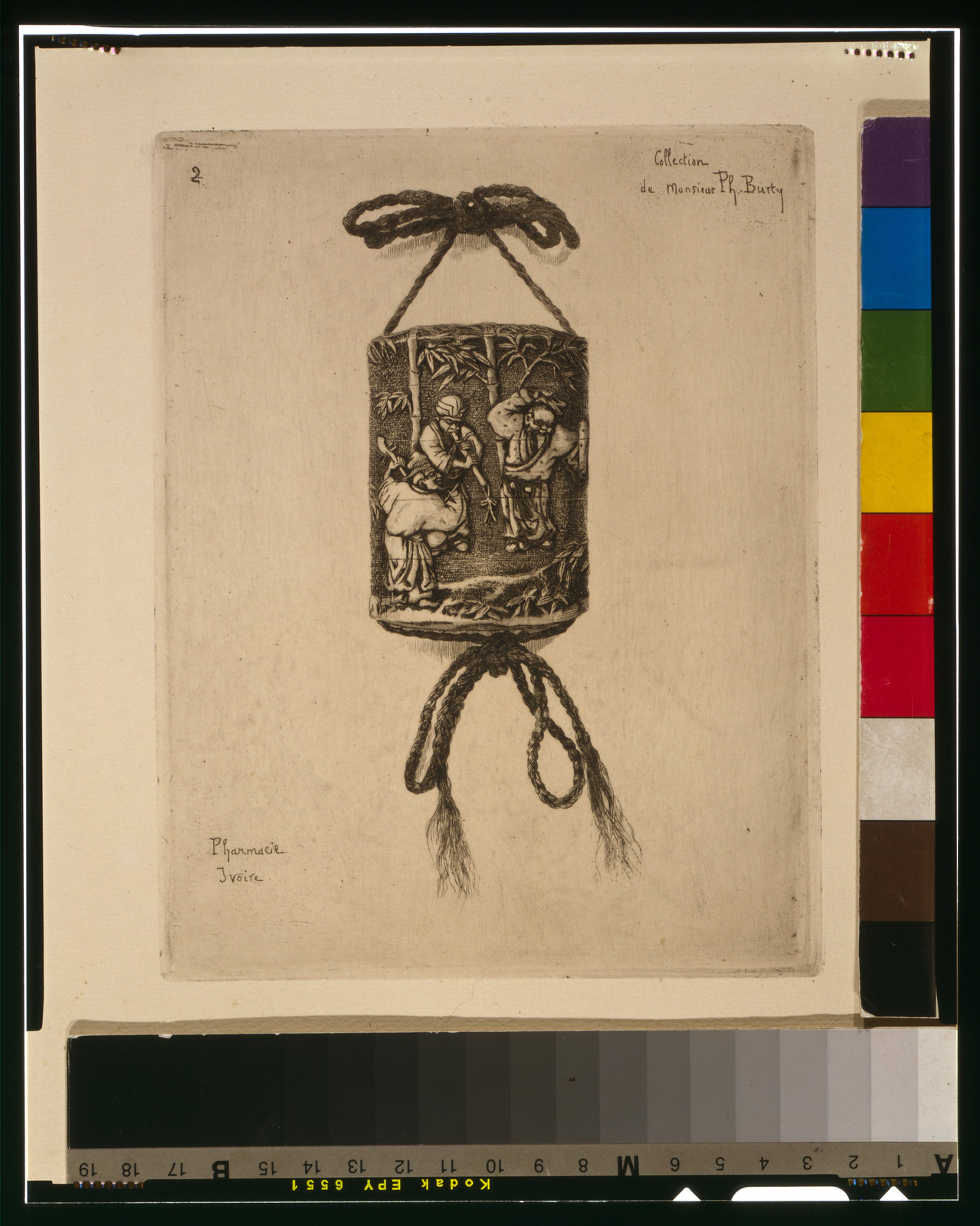 Etching of a carved ivory box with cord tassels — historic print