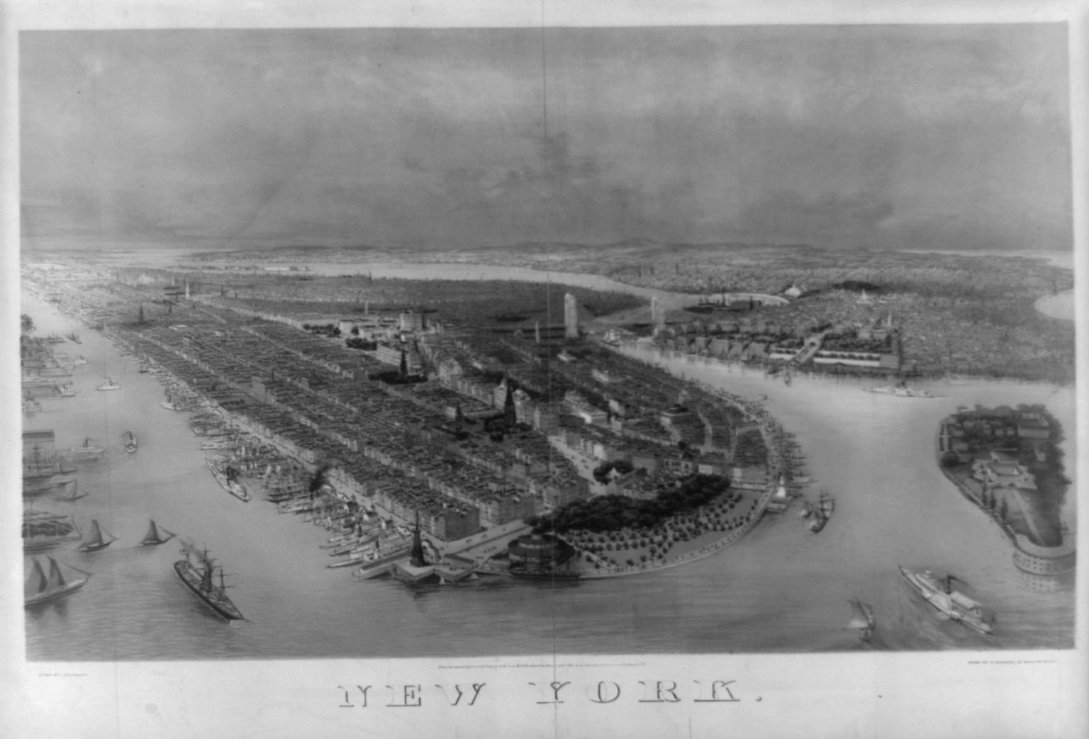 New York / drawn by J. Bachmann ; print by G. Schlegel, 97 William St. N.Y., N.Y. : John Bachmann, c1874. — antique lithograph
