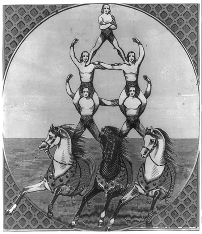 Five acrobats on three horses
