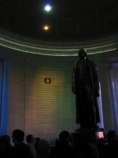Jefferson Memorial interior with statue and inscribed quotation