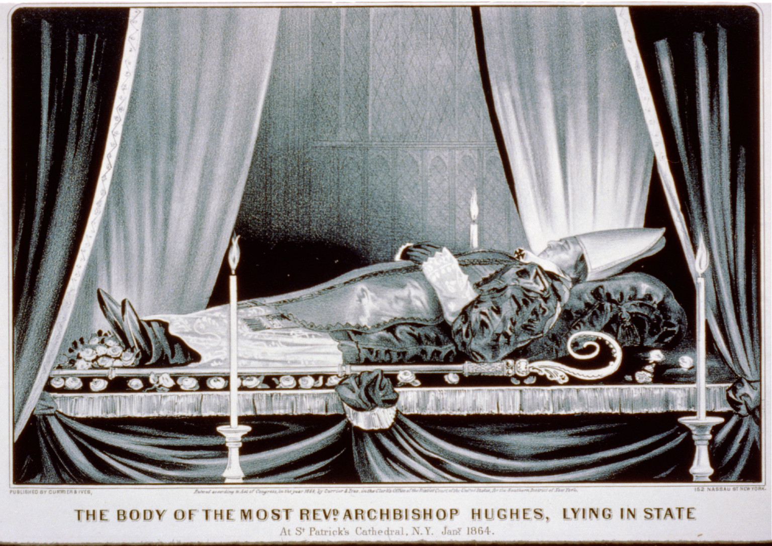 The body of the most Revd. Archbishop Hughes, lying in state: at St. Patrick's Cathedral, N.Y. Jan. 1864., [New York] : Currier & Ives, 1864. — antique lithograph