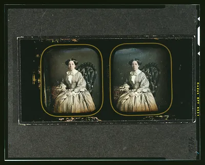 [Henrietta, wife of Wardale G. McAllister, three-quarters length, seated in ornate chair, with arm resting on table with tablecloth]
