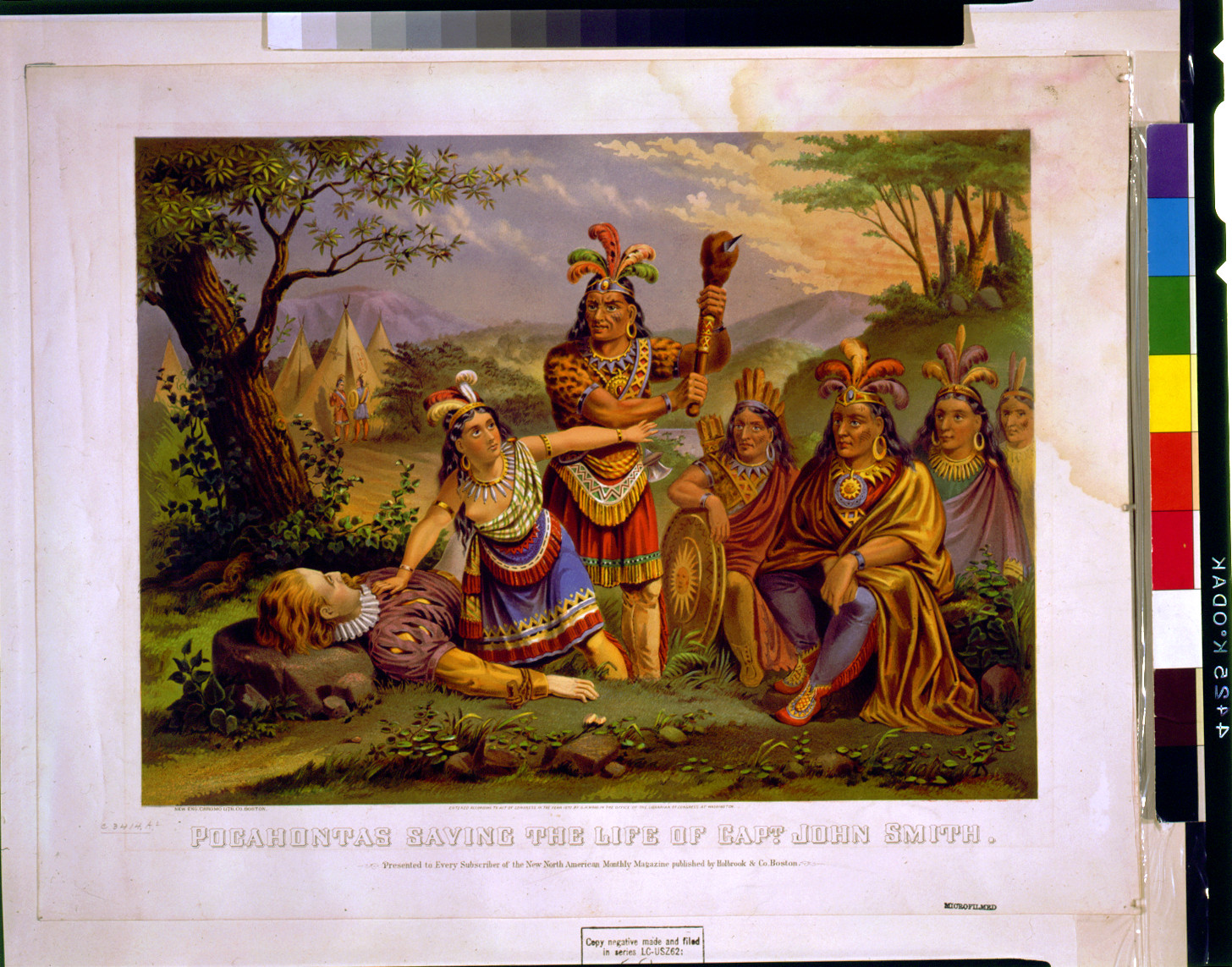 Pocahontas saving the life of Capt. John Smith / New England Chromo. Lith. Co., Boston : New Eng. Chromo. Lith. Co., c1870. — antique lithograph