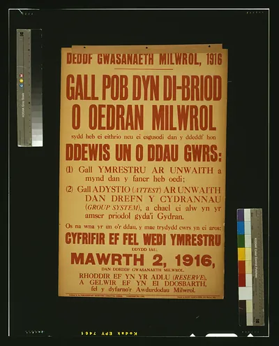 Deddf gwasanaeth milwrol, 1916 [...] / printed by David Allen & Sons, Ltd., Harrow, Mdx.