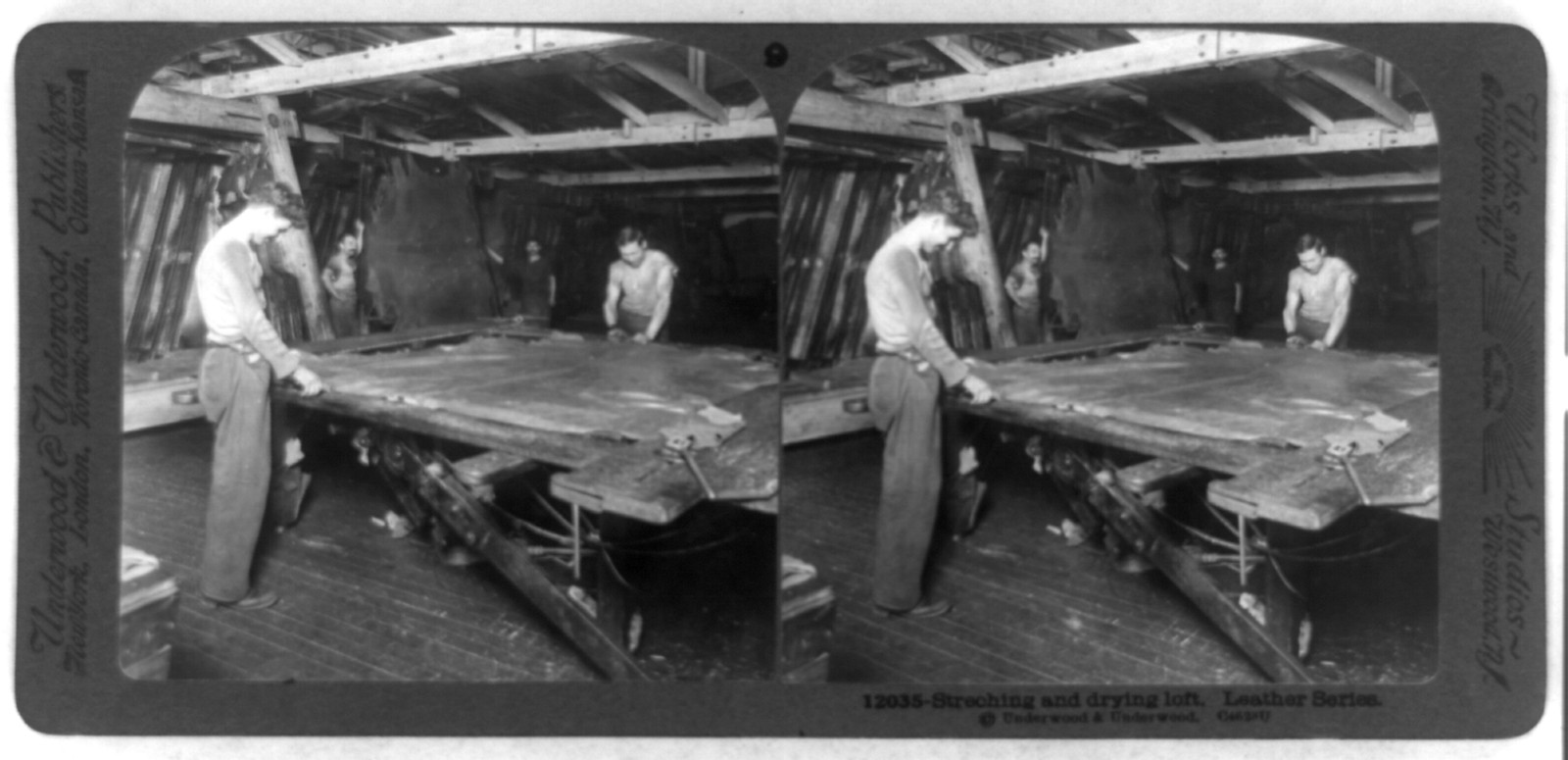 Stretching and drying loft / Underwood & Underwood., 1915 — stereograph