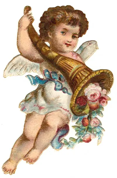 Winged cherub with horn of plenty and roses, die-cut scrap