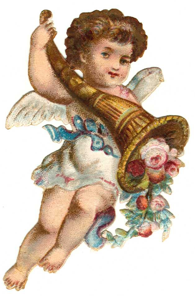 Winged cherub with horn of plenty and roses, die-cut scrap — historic image