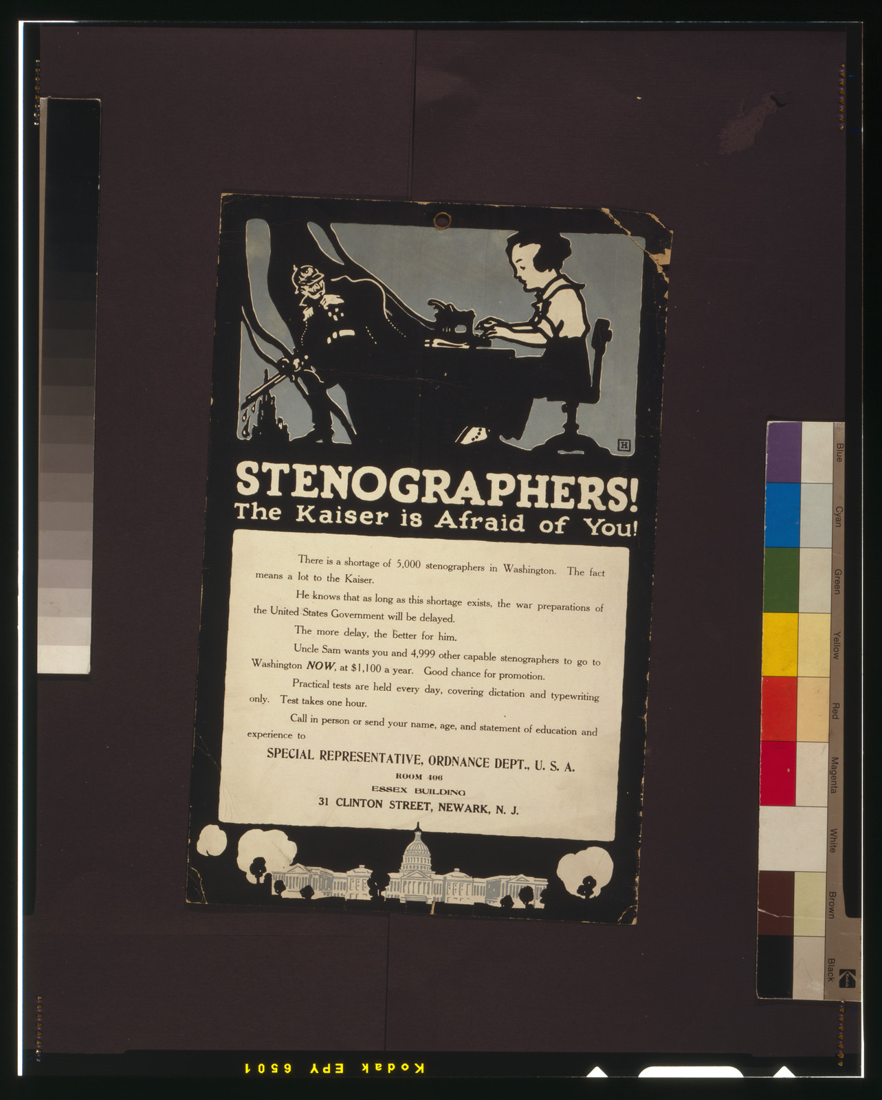 Stenographers! The Kaiser is afraid of you! There is a shortage of 5000 stenographers ... / H., [between 1917 and 1920] — vintage poster
