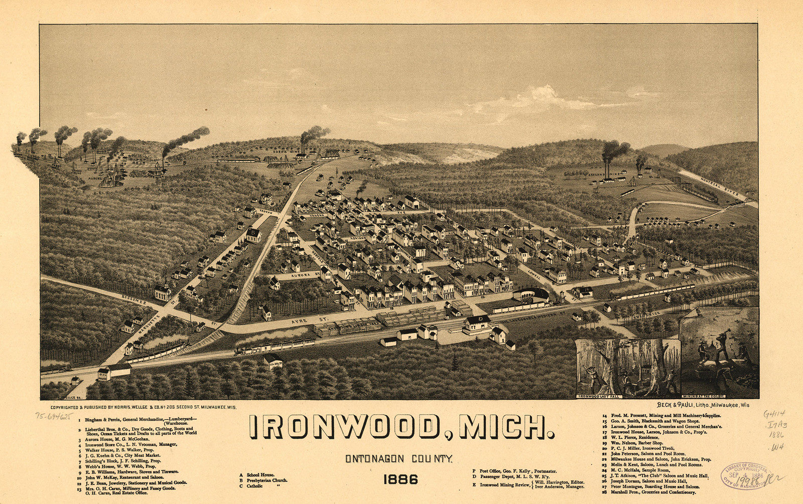 Ironwood, Michigan, 1886, 1886 — antique map