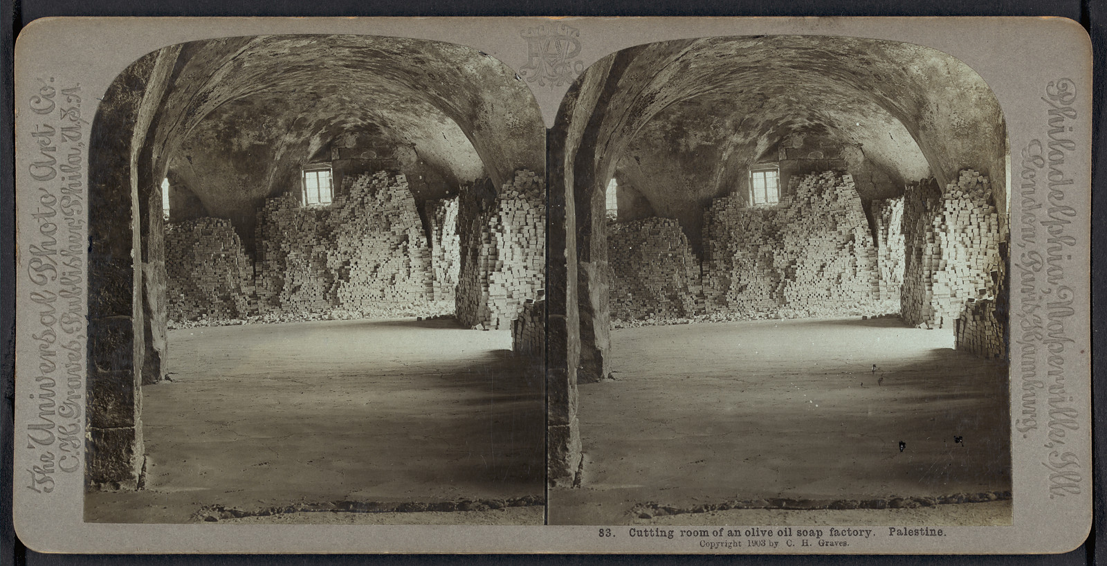 Cutting room of an olive oil soap factory Palestine, 1903 — historic photograph