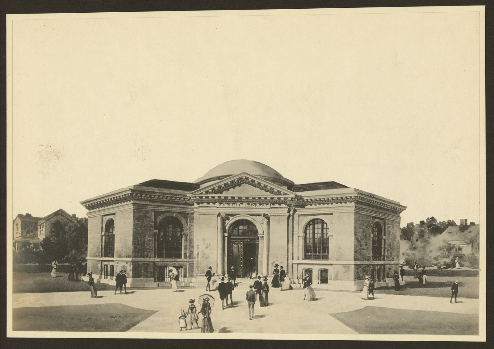 Domed stone library building with people in period dress — historic image