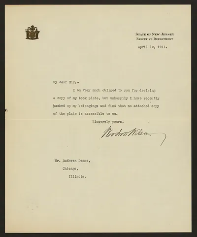 Typed letter from Woodrow Wilson to Ruthven Deane