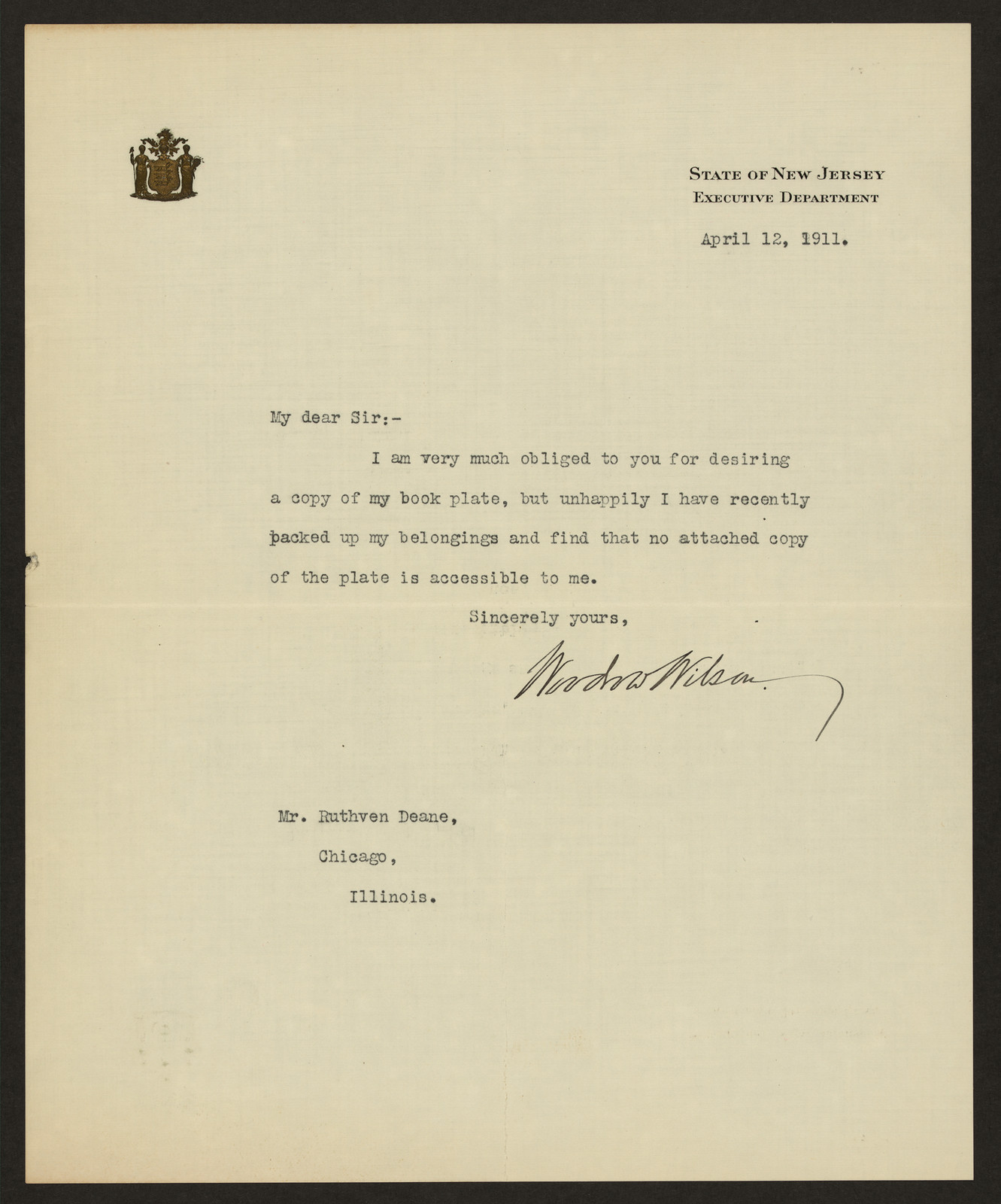 Typed letter from Woodrow Wilson to Ruthven Deane — historic image