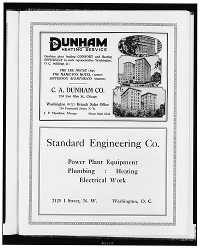[Advertisements for C.A. Dunham Co., heating service, and Standard Engineering Co., plumbing, heating, and electrical systems]