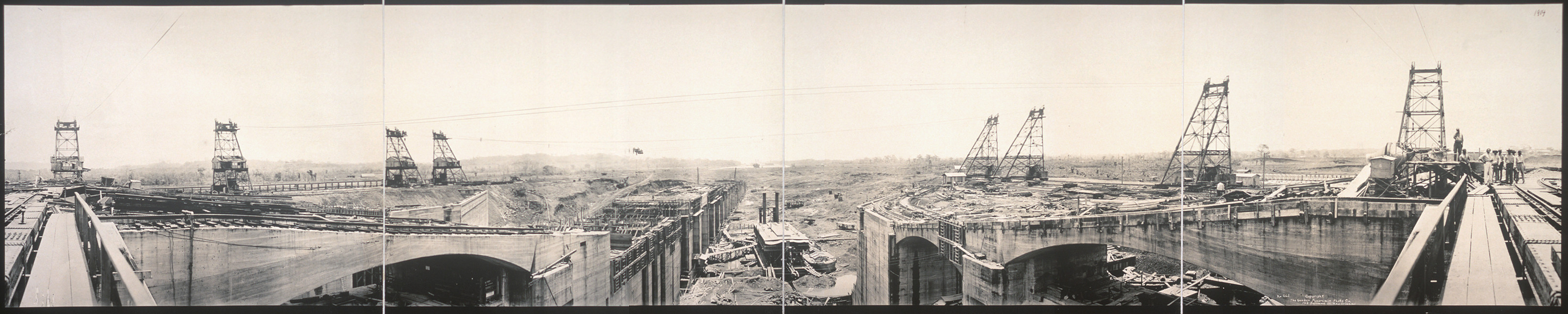 Panoramic photograph of Gatun Locks construction, Panama Canal — historic photograph
