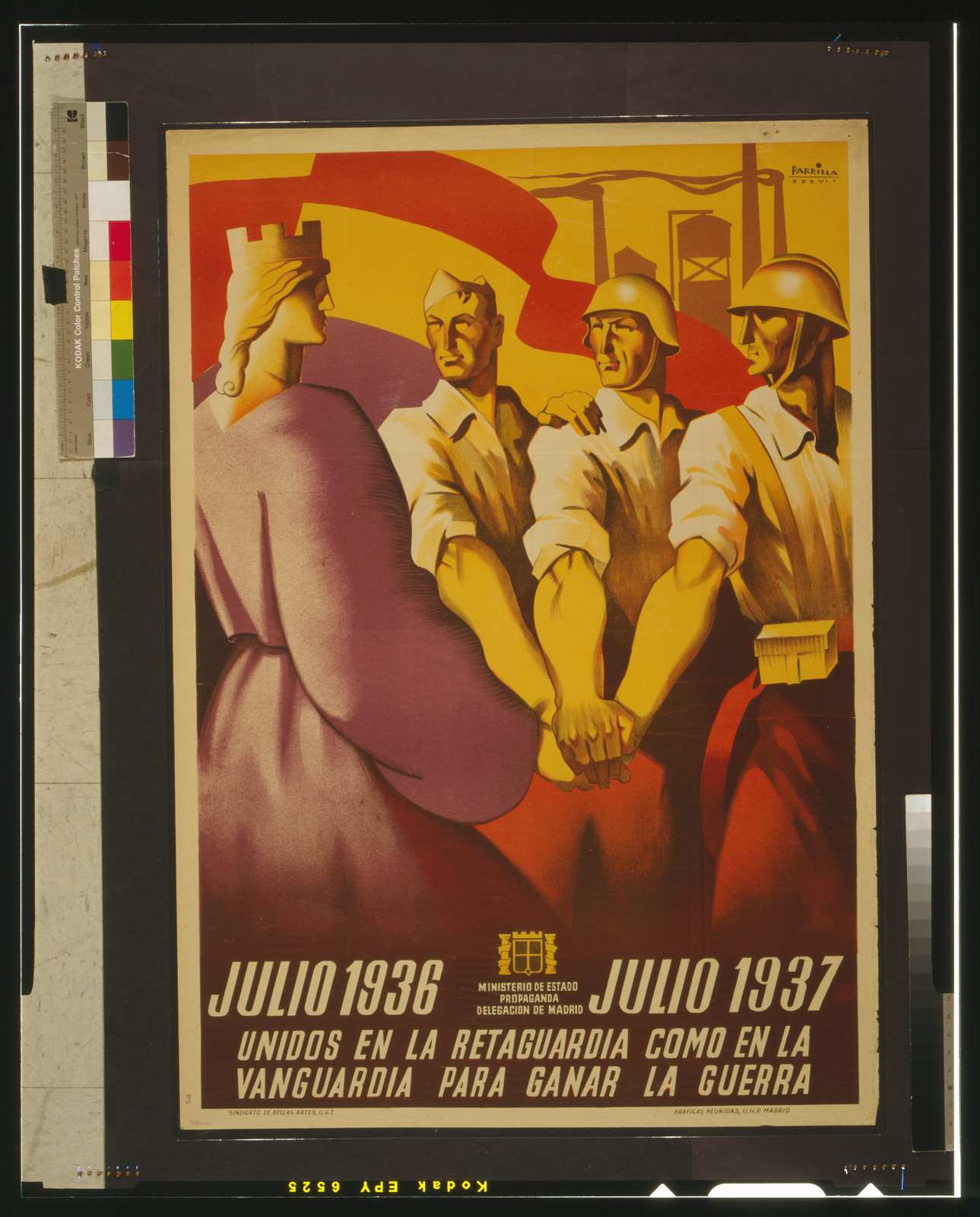 Julio 1936-julio 1937. Unidos en la retaguardia como en la vanguardia para ganar la guerra, Madrid : Ministerio de Propaganda, 1937. — vintage poster