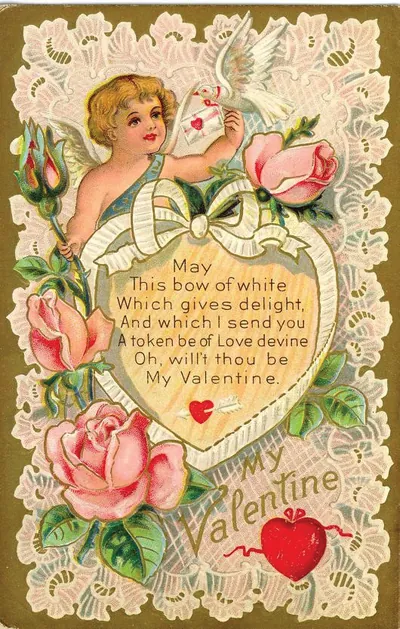 Valentine card with cupid, roses and verse