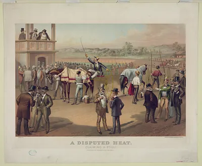 A Disputed Heat. Claiming a Foul! lithograph of harness racing