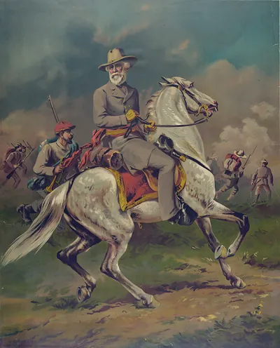 Mounted Confederate general on white horse with soldiers