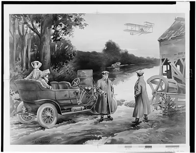 [Two women in automobile, with two men standing alongside, another automobile across river, biplane above, and ruins of water mill on right] / H.C. Ireland.