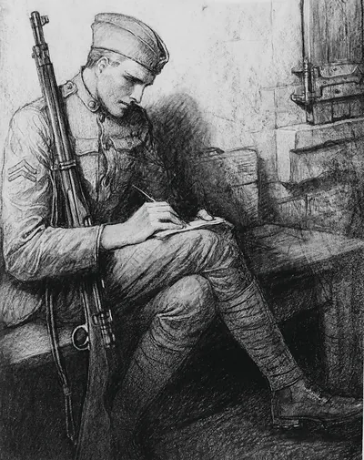 Soldier in uniform writing in a notebook, charcoal drawing