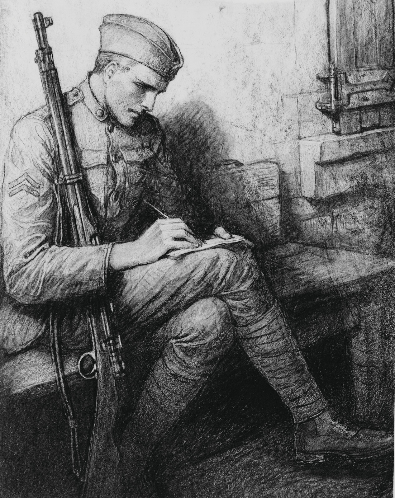 Soldier in uniform writing in a notebook, charcoal drawing — historic drawing