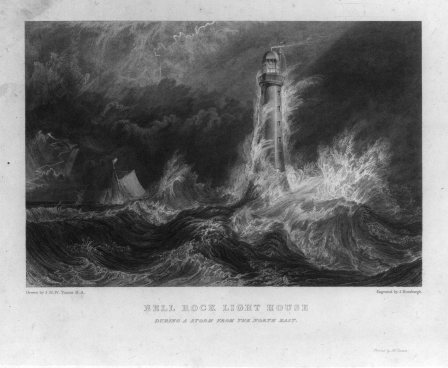 Bell Rock Lighthouse during a storm from the northeast, [1824] — antique engraving