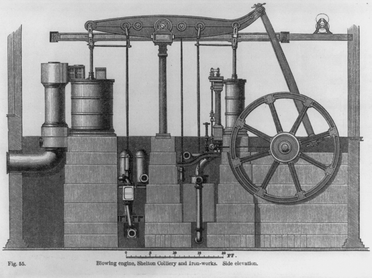 Blowing engine, Shelton Colliery and Iron-works. Side elevation — antique engraving