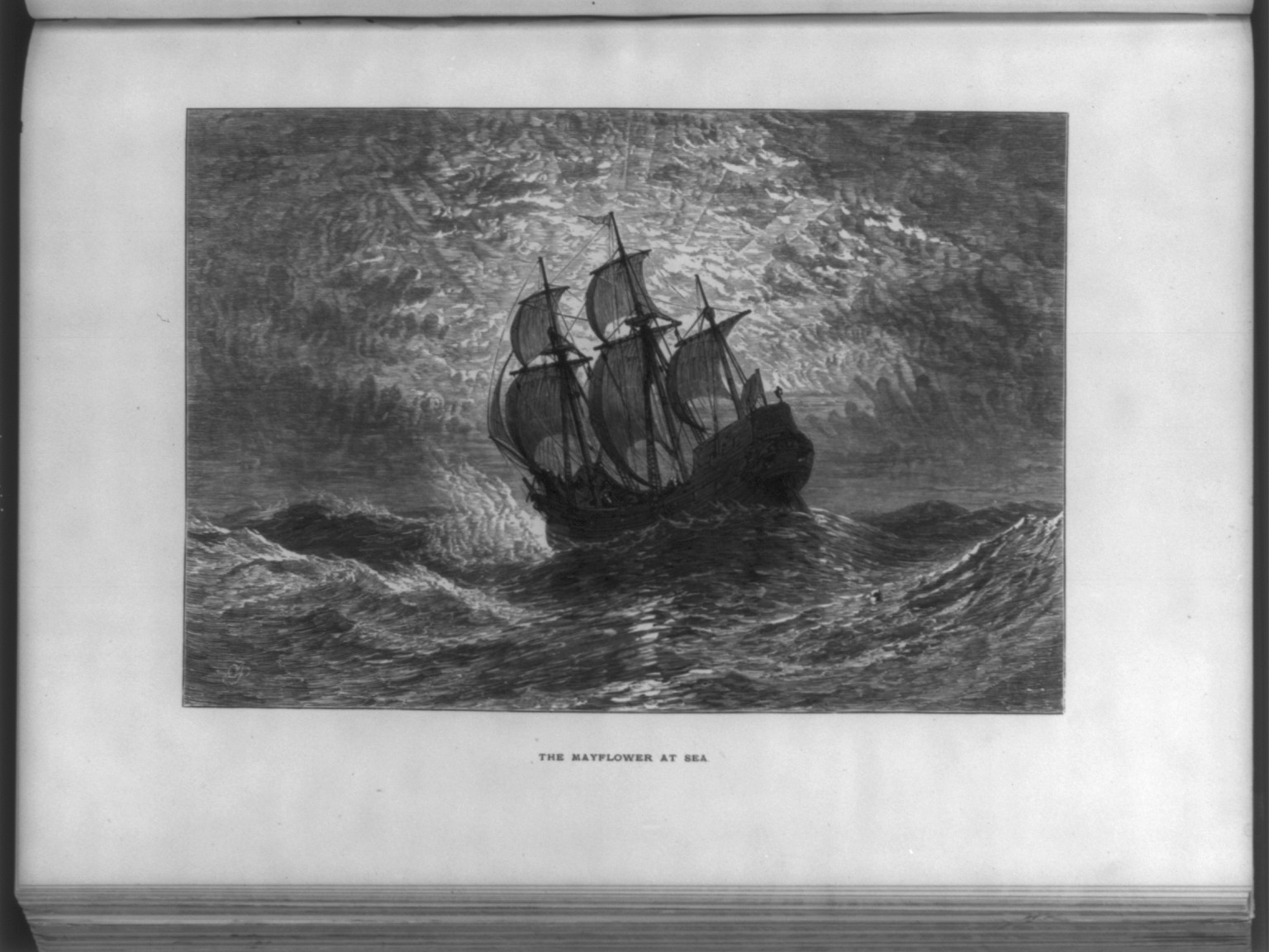 The Mayflower at Sea — antique engraving