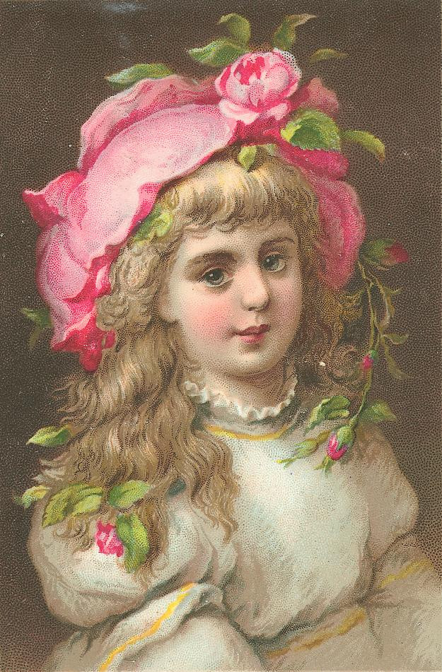Young girl in pink bonnet with roses — historic image