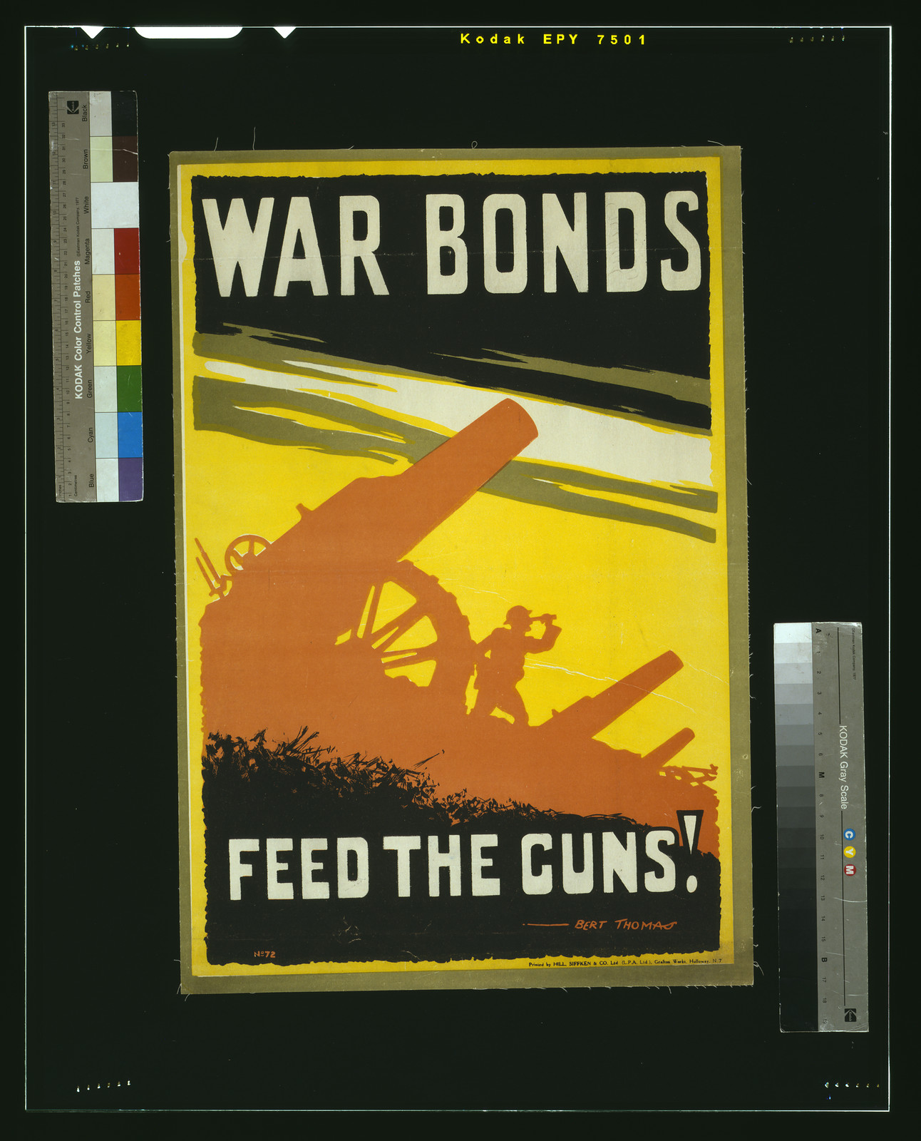 War bonds. Feed the guns! / Bert Thomas printed by Hill Siffken Co. Ltd. (L.P.A. Ltd.) Grafton Works Holloway N.7., 1915 — vintage poster