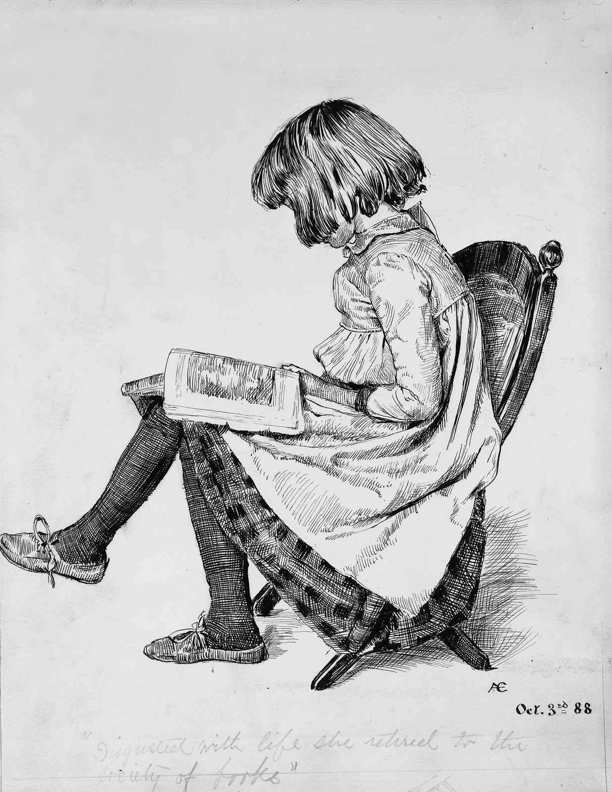 Disgusted with life, she retired to the society of books — historic drawing