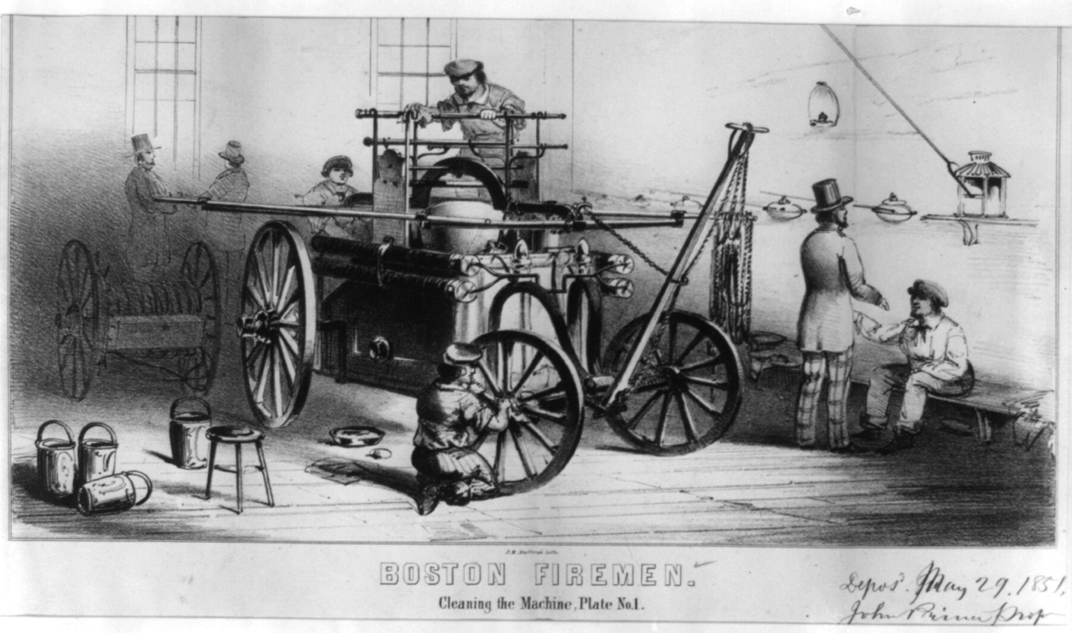Boston firemen. Cleaning the machine, Plate No. 1, c1851 May 29. — historic print