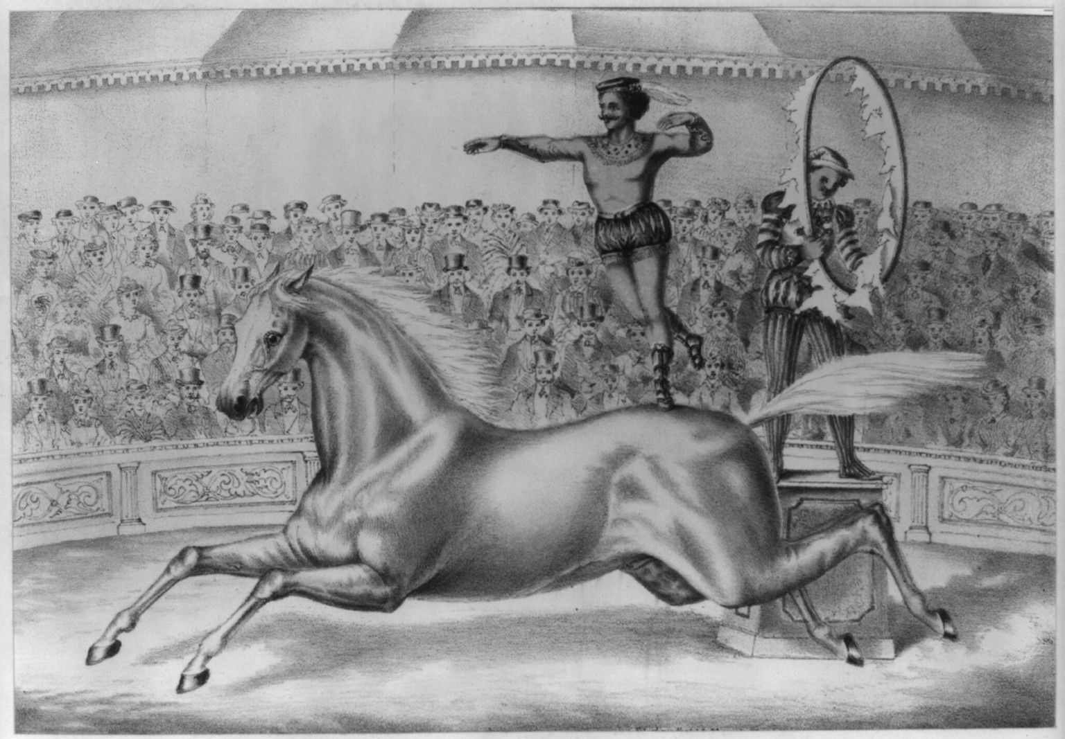 [Circus performer leaping through a ring of fire], [no date recorded on shelflist card] — historic print