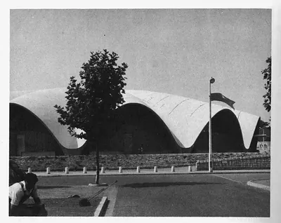 Modern building with undulating concrete roof and flagpole