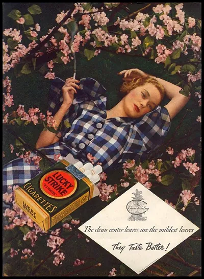 Lucky Strike cigarettes advertisement with woman among blossoms
