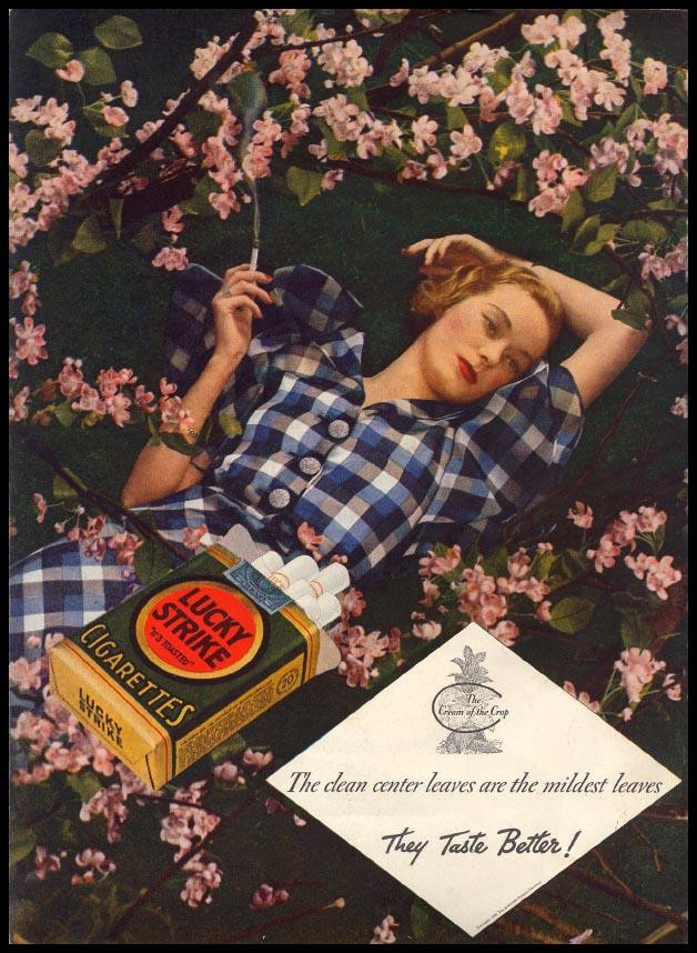 Lucky Strike cigarettes advertisement with woman among blossoms — historic image