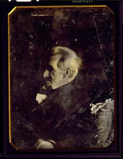 [Andrew Jackson, head-and-shoulders portrait, nearly in profile to left, leaning against pillow of which ticking appears in lower left corner]