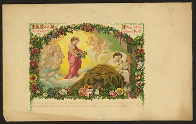 Lithographer's trade card with angel and sleeping child