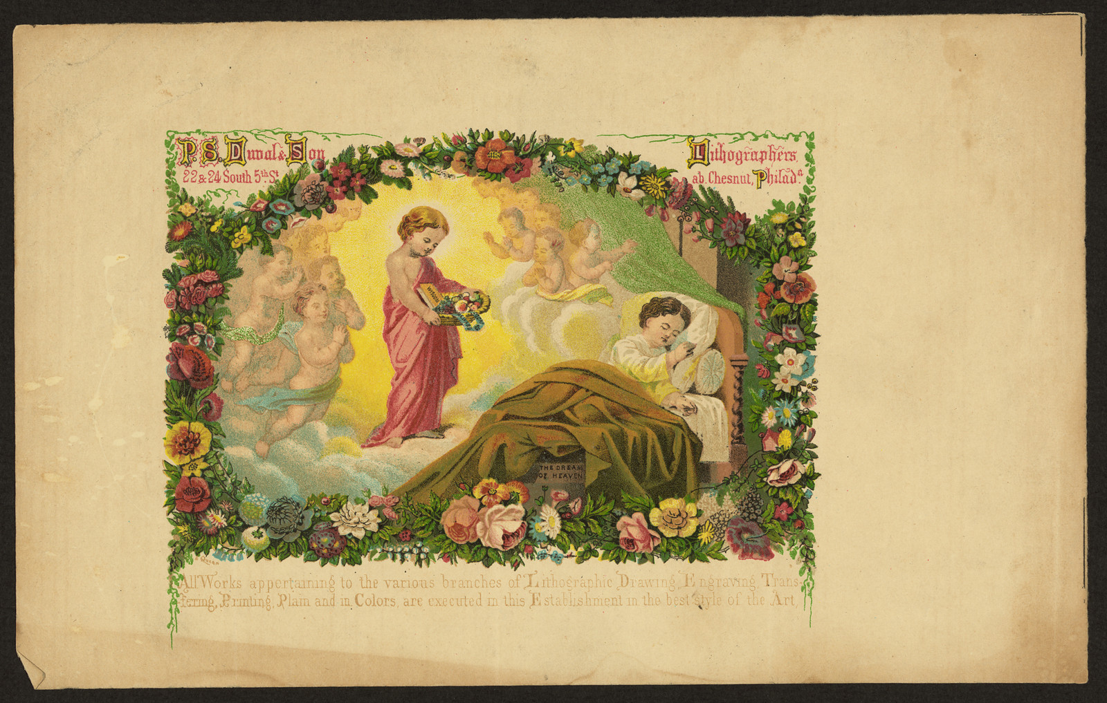 Lithographer's trade card with angel and sleeping child — antique lithograph