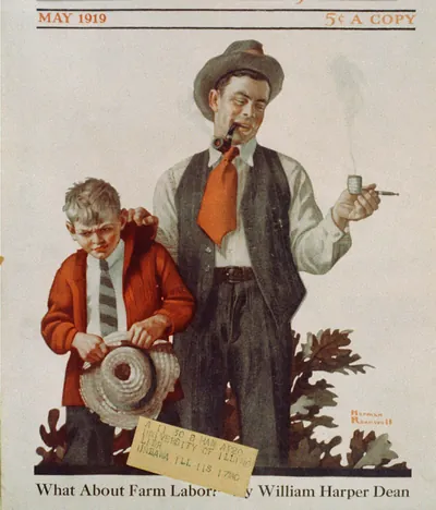 [Pipe-smoking man chastising young boy caught smoking corn-cob pipe]