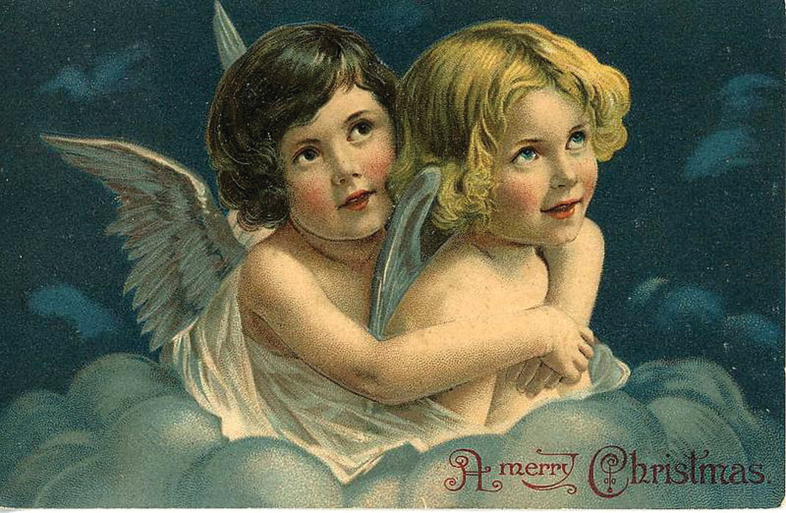 Vintage Christmas postcard of two cherubs on clouds — vintage postcard