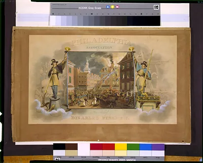 [Design for a certificate for the Philadelphia Association for the Relief of Disabled Firemen, with a view of a fire at 7th and Sansom Streets in Philadelphia]