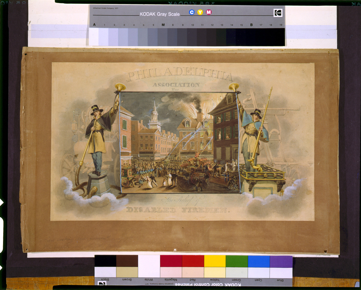 [Design for a certificate for the Philadelphia Association for the Relief of Disabled Firemen, with a view of a fire at 7th and Sansom Streets in Philadelphia], [between ca. 1830 and 1840] — historic drawing