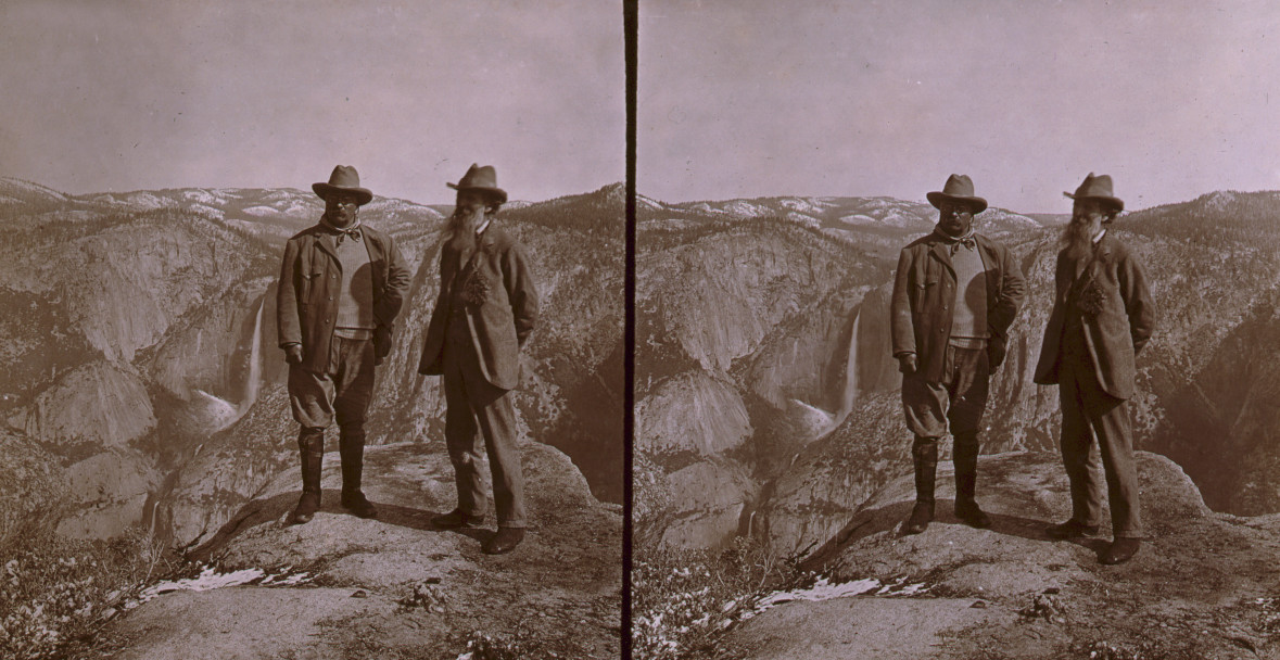 [Theodore Roosevelt and John Muir on Glacier Point, Yosemite Valley, California, in 1903], c1906 [photo taken 1903]. — historic photograph