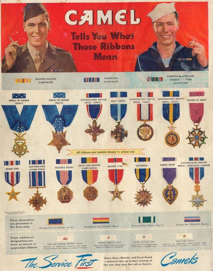 Camel cigarettes advertisement showing military medals and ribbons — historic image