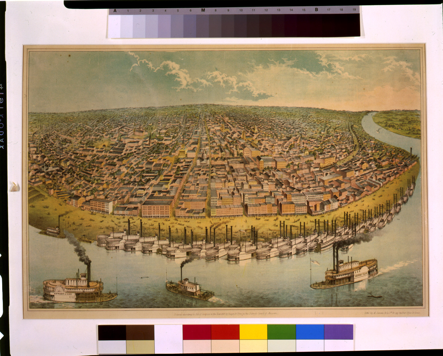 Our city, (St. Louis, Mo.) / lith. by A. Janicke & Co., St. Louis., Publiched [sic] by Hagen & Pfau at the Anzeiger des Westens, c1859. — antique lithograph